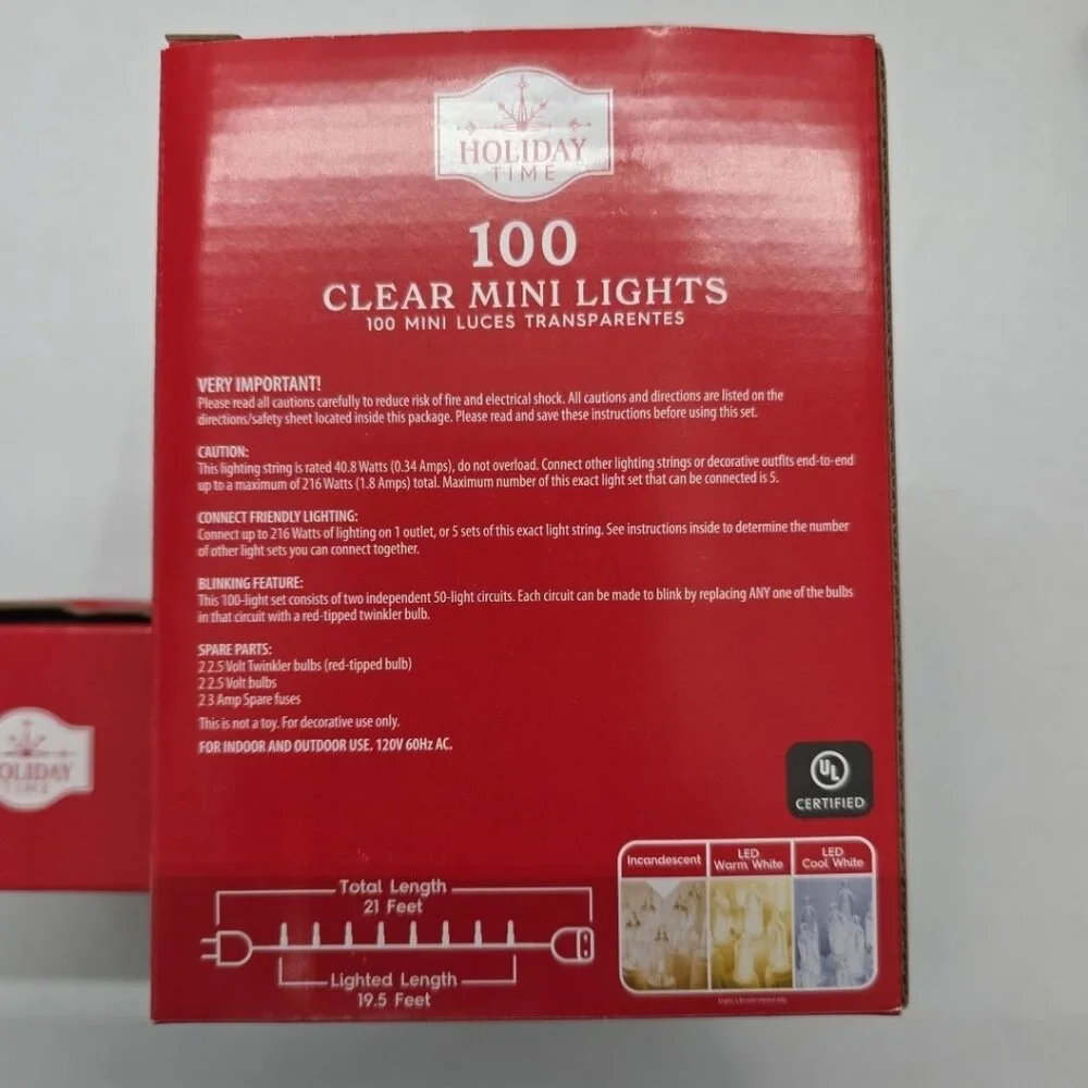 Holiday Time 100 Clear Mini Lights In/Outdoor 21 Ft Green Cord Wedding Party NIB